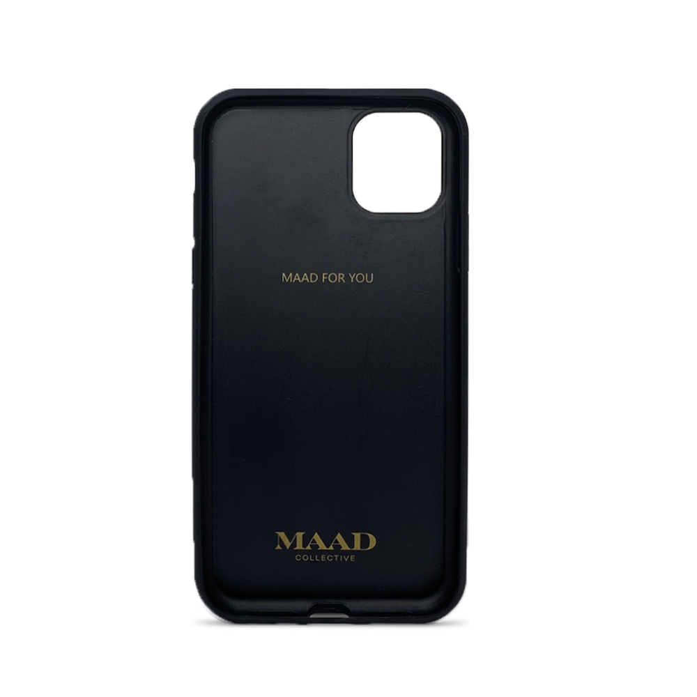 MAAD Classic Black Leather Case for iPhone 12 Mini, showcasing genuine saffiano leather and soft rubber edges.