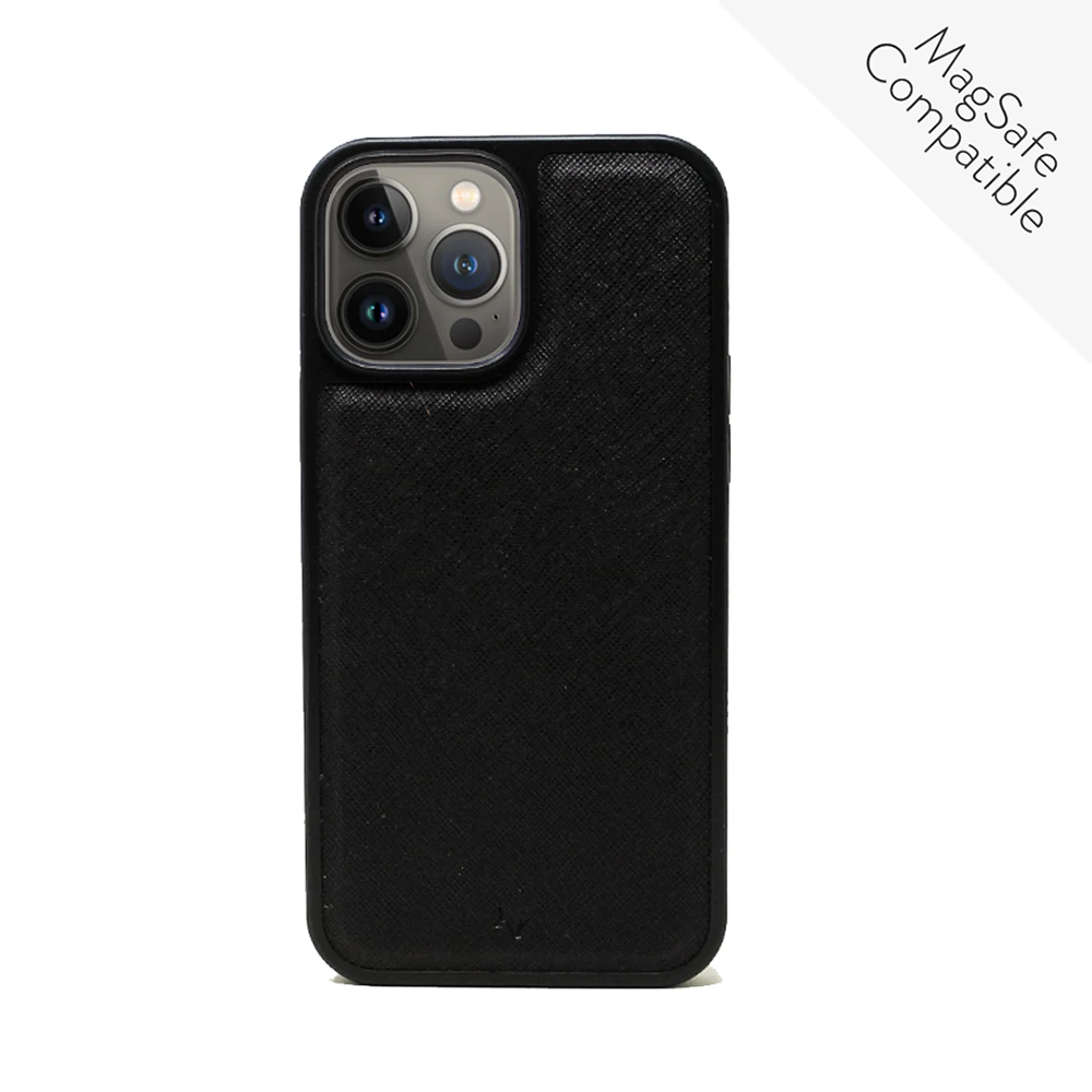 MAAD Classic Black Leather Case for iPhone 13 Pro, featuring vegan saffiano leather and a soft rubber rim for protection.