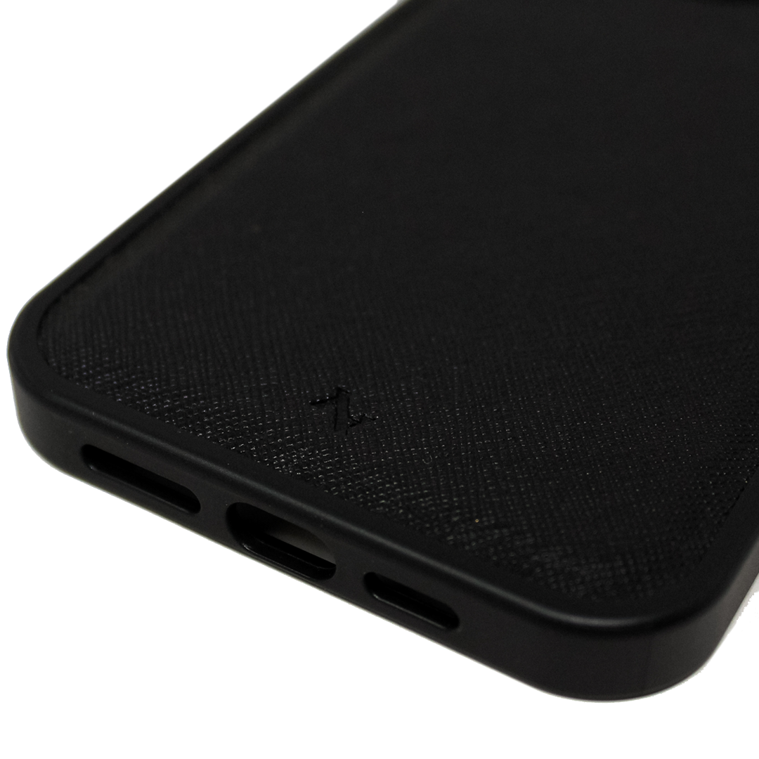 MAAD Classic Black Leather Case for iPhone 13 Pro, featuring vegan saffiano leather and a soft rubber rim for protection.