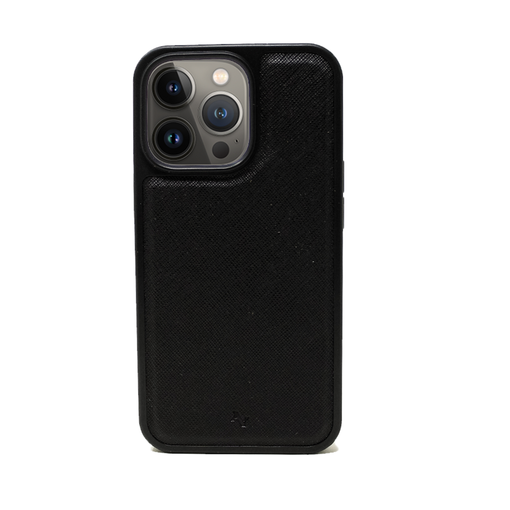 MAAD Classic Black Leather Case for iPhone 14 Pro, featuring vegan saffiano leather and soft rubber rim for protection.