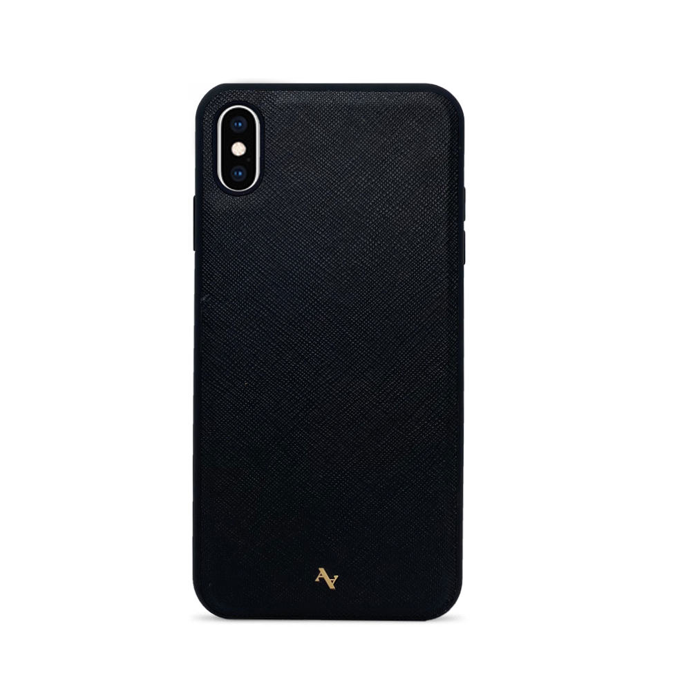 MAAD Classic Black Leather Case for iPhone XS MAX, featuring saffiano leather and a soft rubber rim for protection.