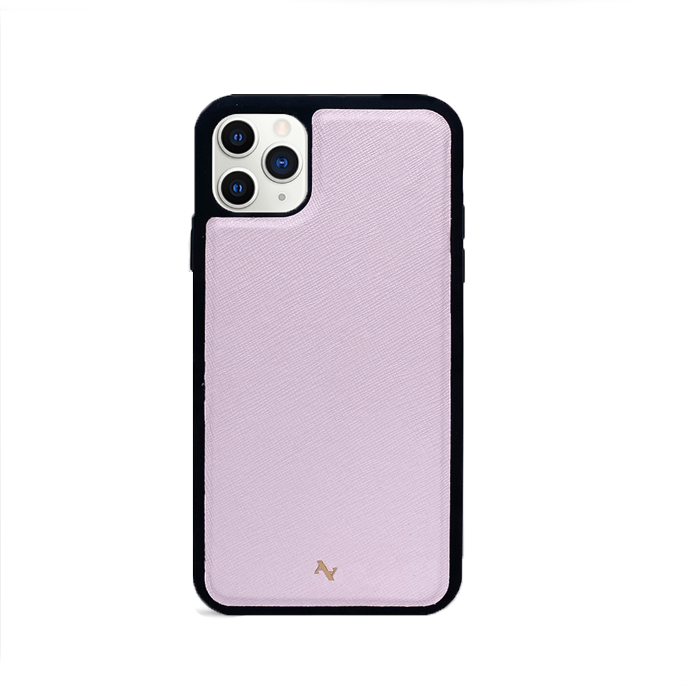 MAAD Classic Blush Leather Case for iPhone 11 Pro, featuring genuine saffiano leather and a soft rubber rim for protection.