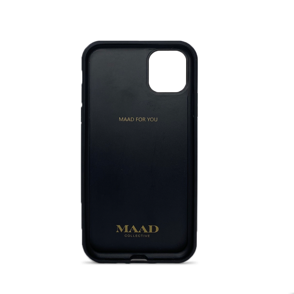 MAAD Classic Blush Leather Case for iPhone 11 Pro, featuring genuine saffiano leather and a soft rubber rim for protection.