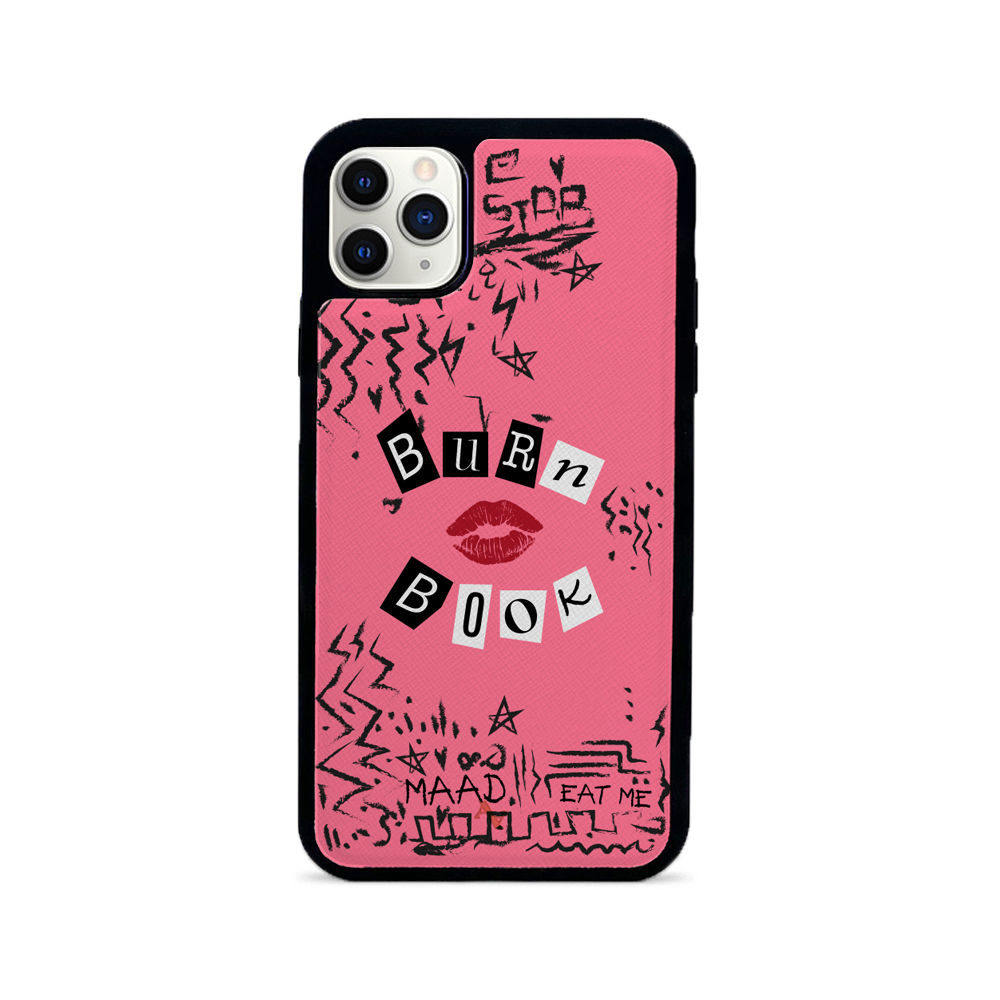 MAAD Classic Burn Book Leather Case for iPhone 11 Pro Max, featuring genuine saffiano leather and customizable monogram options.