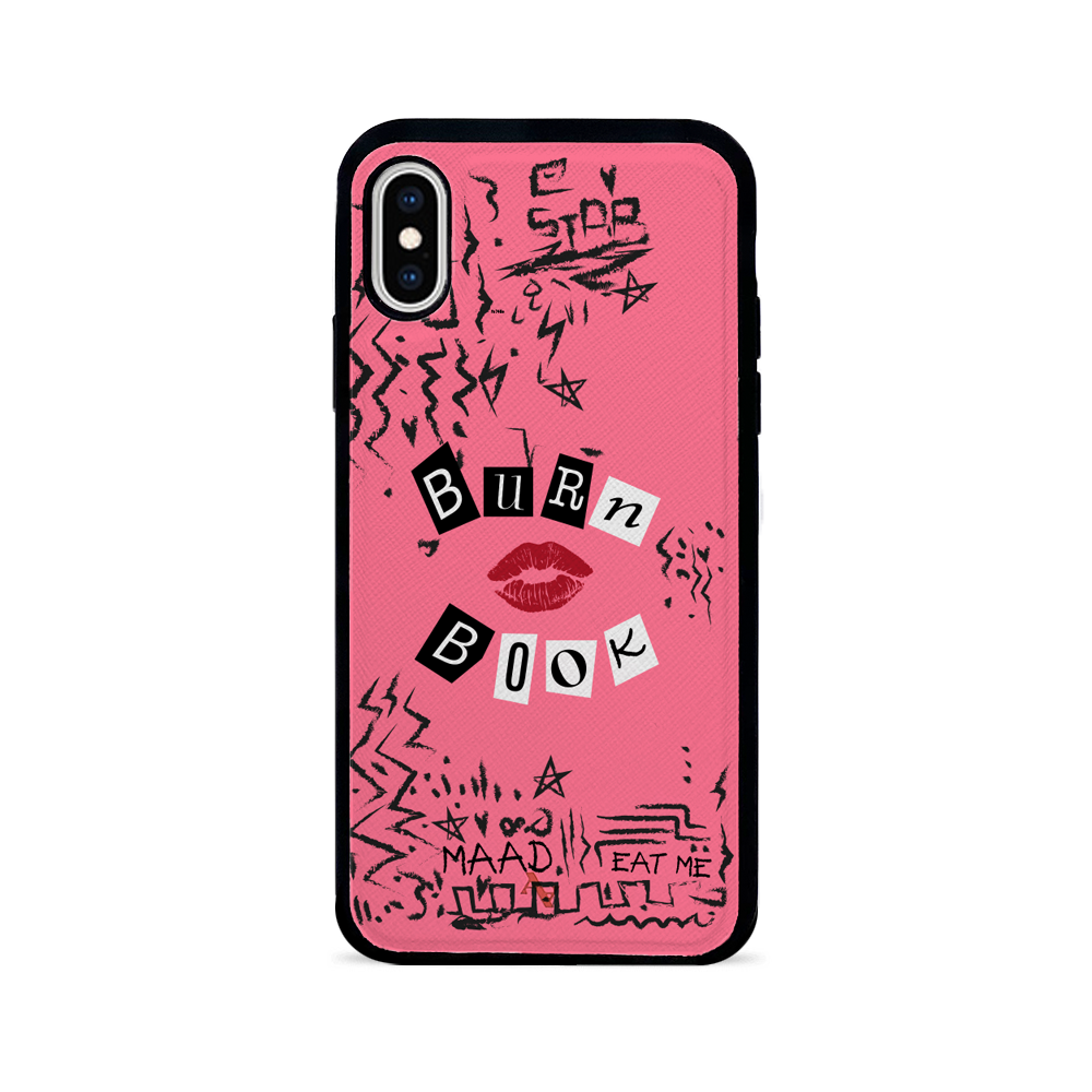 MAAD Classic Burn Book Leather Case for iPhone X/XS, featuring saffiano leather and customizable design options.