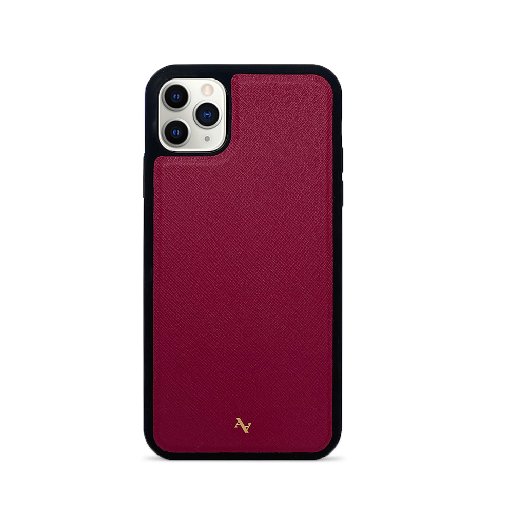 MAAD Classic Red Leather Case for iPhone 11 Pro Max, showcasing saffiano leather and soft rubber rim.