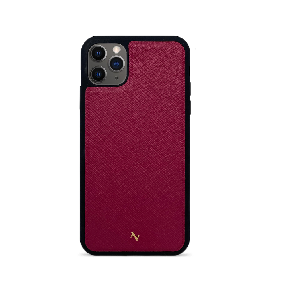 MAAD Classic Red Leather Case for iPhone 11 Pro Max, showcasing saffiano leather and soft rubber rim.