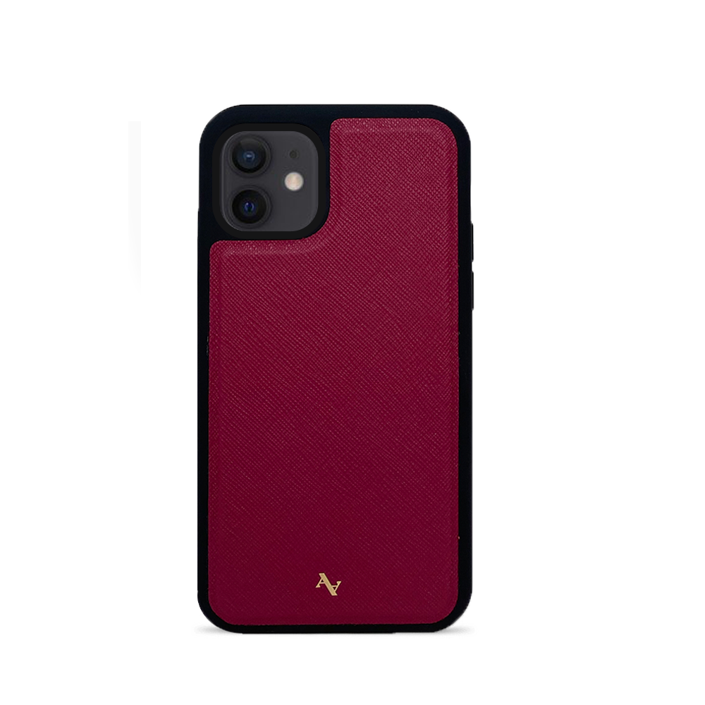 MAAD Classic Red Leather Case for iPhone 12 Mini, showcasing genuine saffiano leather and customizable design options.