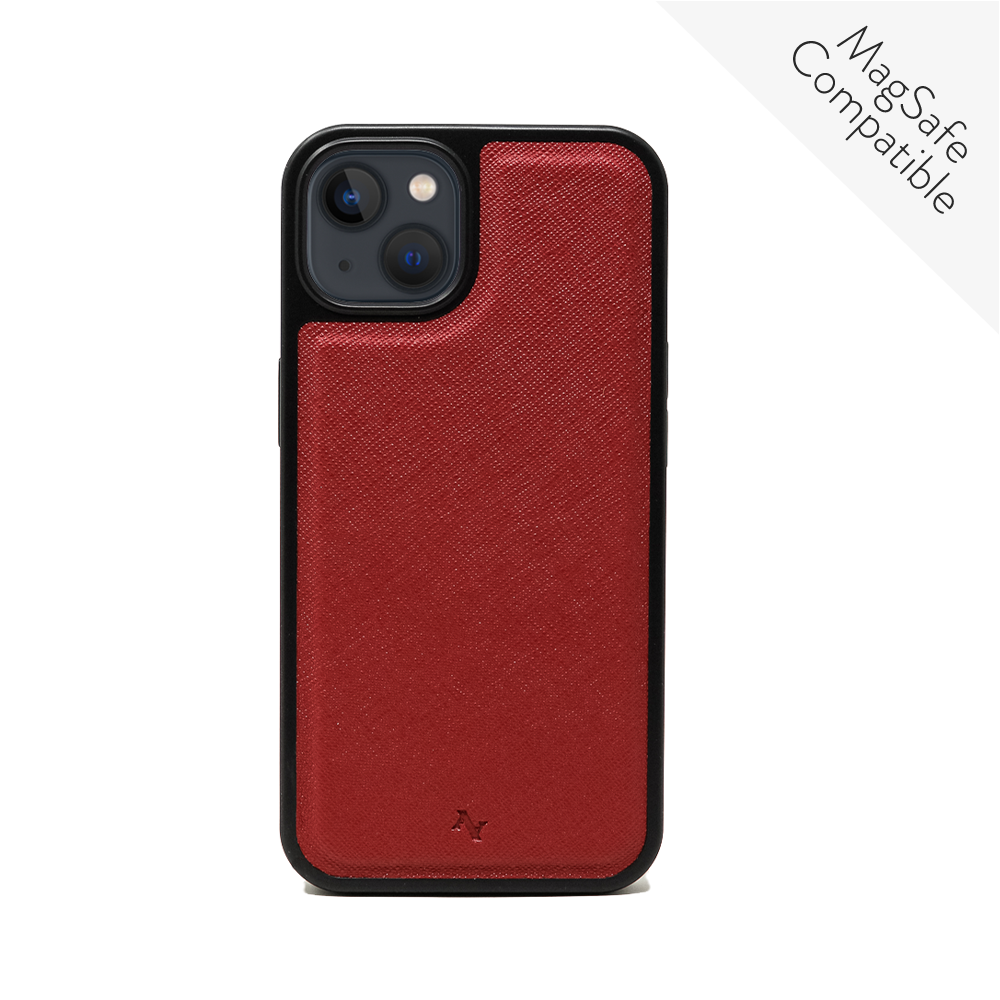 MAAD Classic Red Leather Case for iPhone 13, featuring vegan saffiano leather and soft rubber rim for protection.