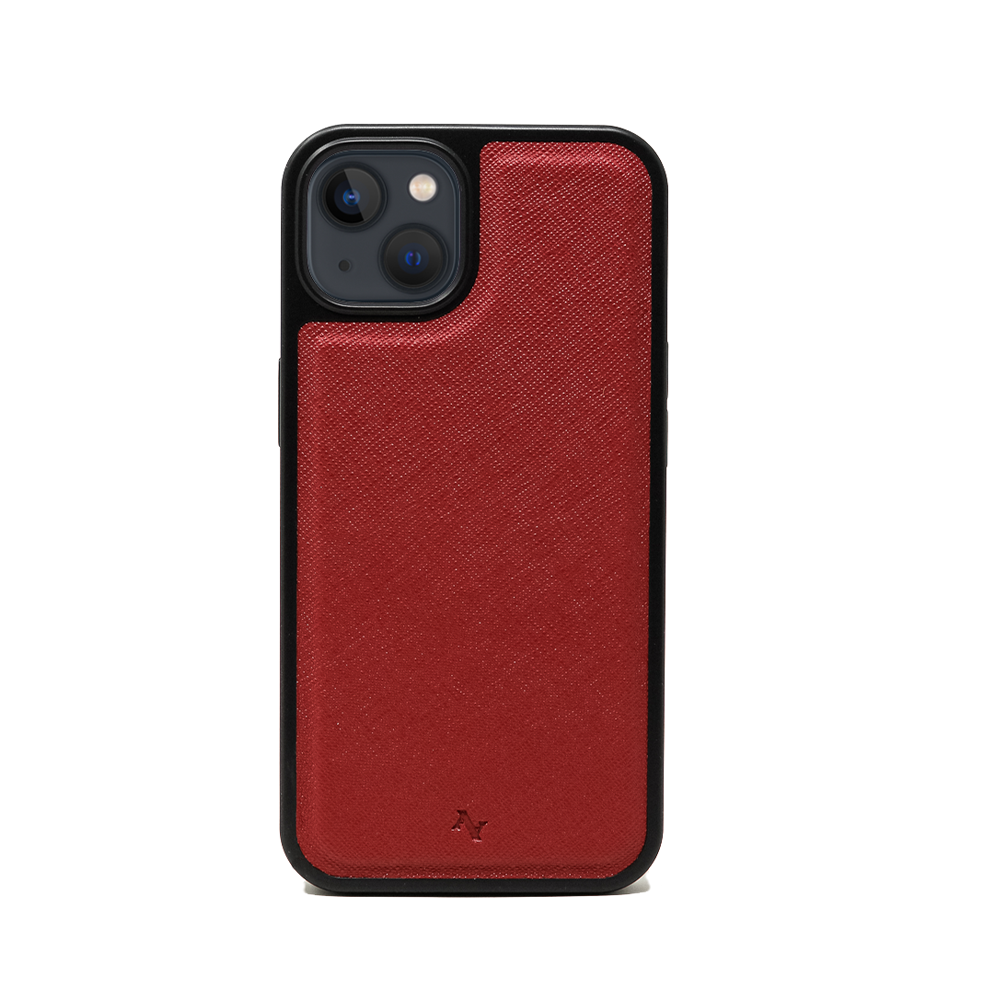 MAAD Classic Red Leather Case for iPhone 13, featuring vegan saffiano leather and soft rubber rim for protection.