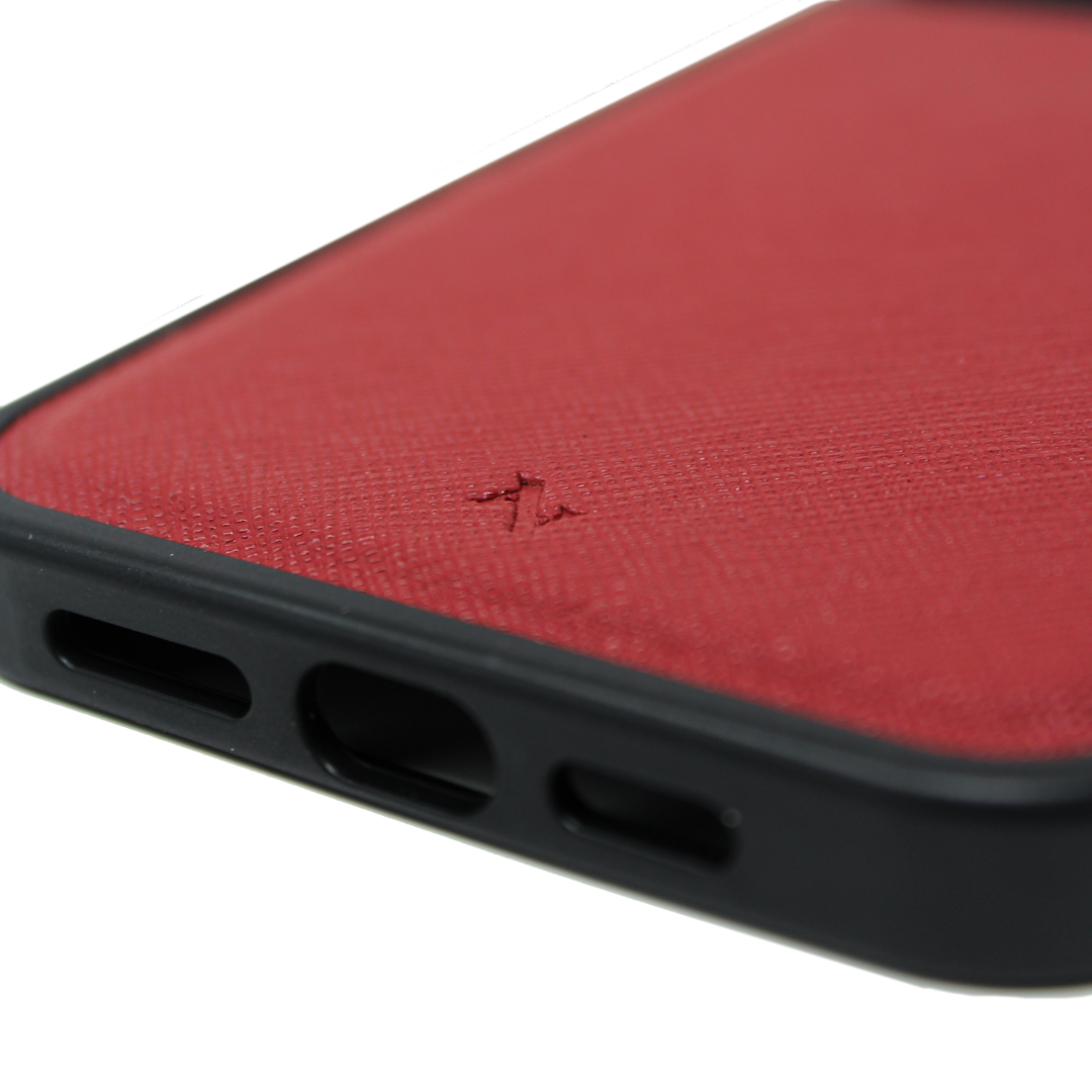 MAAD Classic Red Leather Case for iPhone 13, featuring vegan saffiano leather and soft rubber rim for protection.