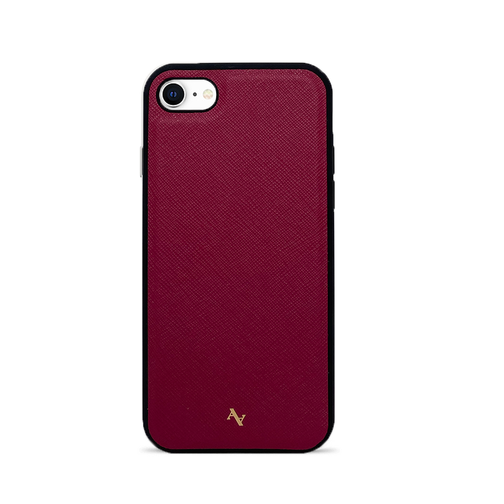 MAAD Classic Red Leather Case for iPhone 7/8/SE, showcasing genuine saffiano leather with a soft rubber rim for protection.