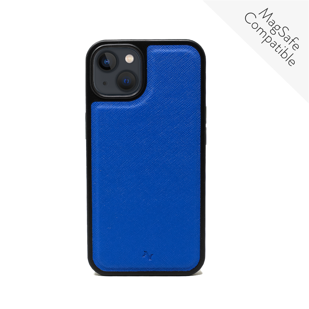 MAAD Classic Royal Blue Leather Case for iPhone 13, featuring vegan saffiano leather and a soft rubber rim for protection.