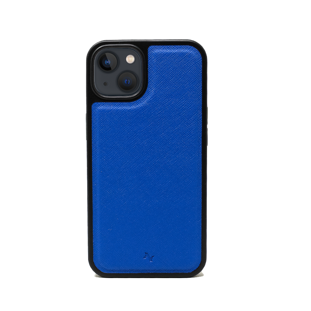 MAAD Classic Royal Blue Leather Case for iPhone 13, featuring vegan saffiano leather and a soft rubber rim for protection.