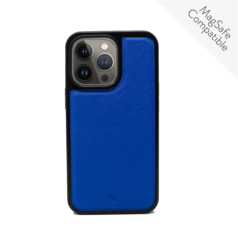 MAAD Classic Royal Blue Leather Case for iPhone 13 Pro, featuring vegan saffiano leather and a soft rubber rim.