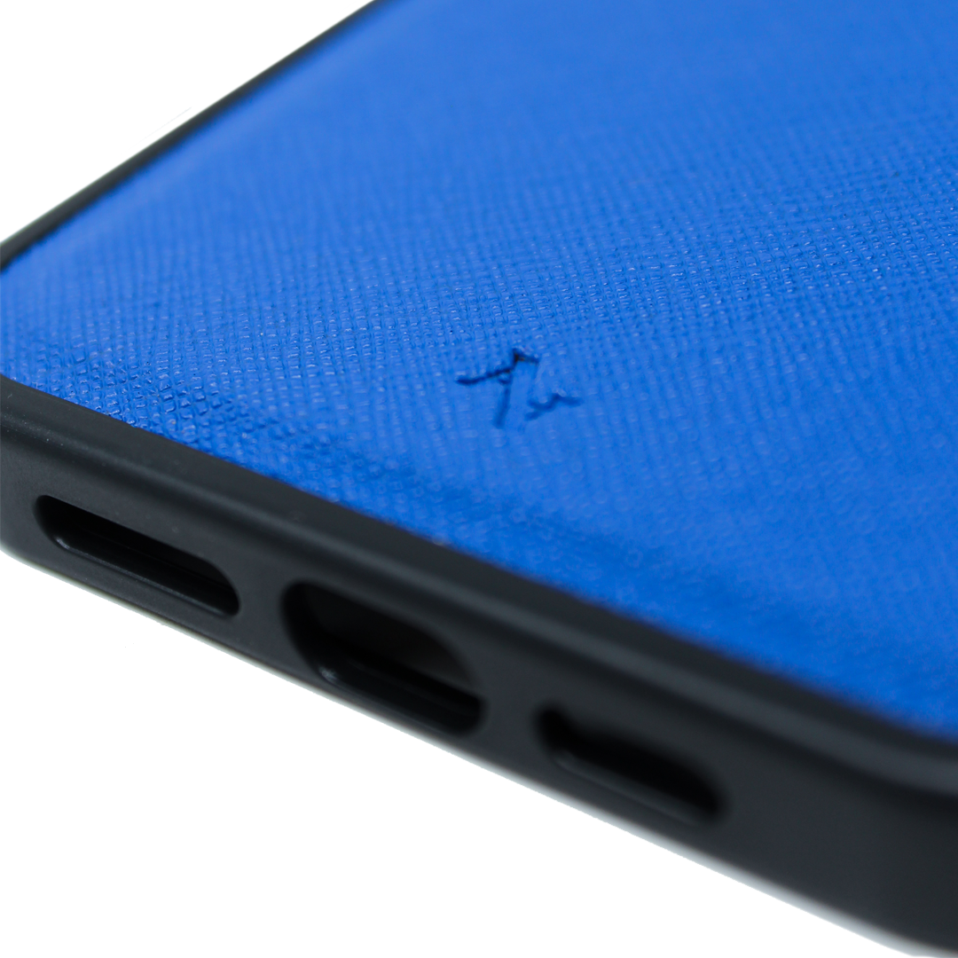 MAAD Classic Royal Blue Leather Case for iPhone 13 Pro, featuring vegan saffiano leather and a soft rubber rim.