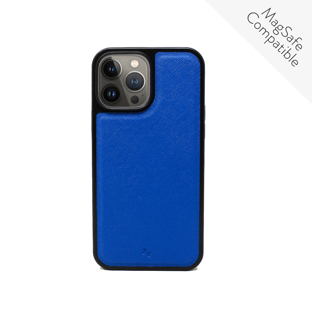 MAAD Classic Royal Blue Leather Case for iPhone 13 Pro Max, featuring vegan saffiano leather and soft rubber rim.