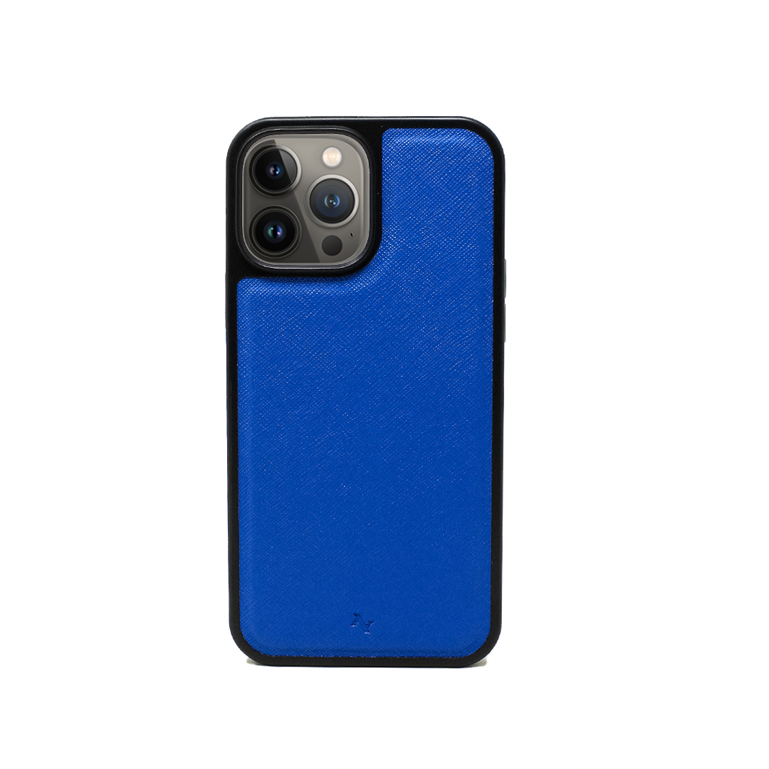 MAAD Classic Royal Blue Leather Case for iPhone 13 Pro Max, featuring vegan saffiano leather and soft rubber rim.