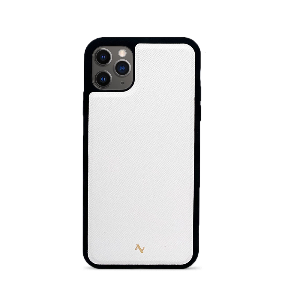 MAAD Classic White Leather Case for iPhone 11 Pro Max with personalized monogram options, showcasing genuine saffiano leather and soft rubber rim.