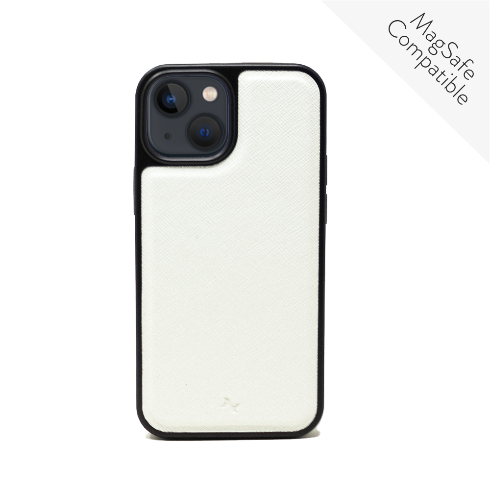 MAAD Classic White Leather Case for iPhone 13 Mini, featuring vegan saffiano leather and a soft rubber rim.