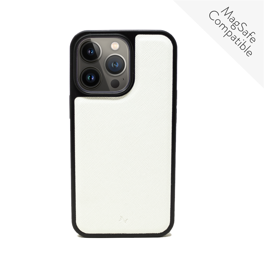 MAAD Classic White Leather Case for iPhone 13 Pro, featuring vegan saffiano leather and a soft rubber rim for protection.