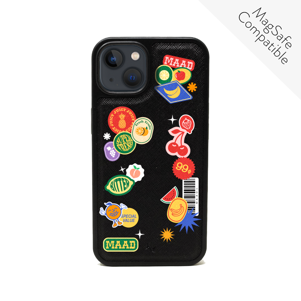 MAAD Fresh Black iPhone 13 Leather Case with fruit sticker print, showcasing vegan saffiano leather and soft rubber edges.