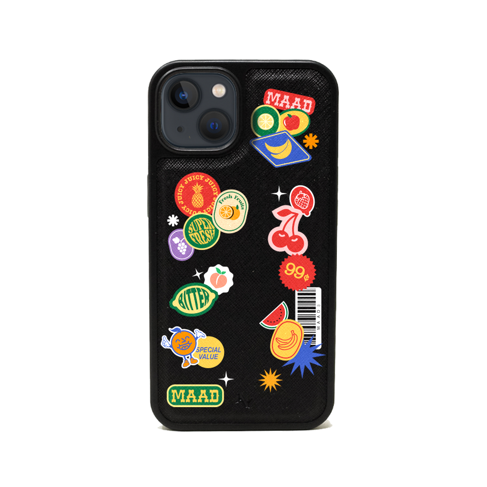 MAAD Fresh Black iPhone 13 Leather Case with fruit sticker print, showcasing vegan saffiano leather and soft rubber edges.