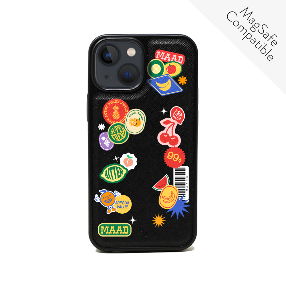 MAAD Fresh Black Leather Case for iPhone 13 Mini featuring a vibrant fruit sticker inspired print and soft rubber edges.