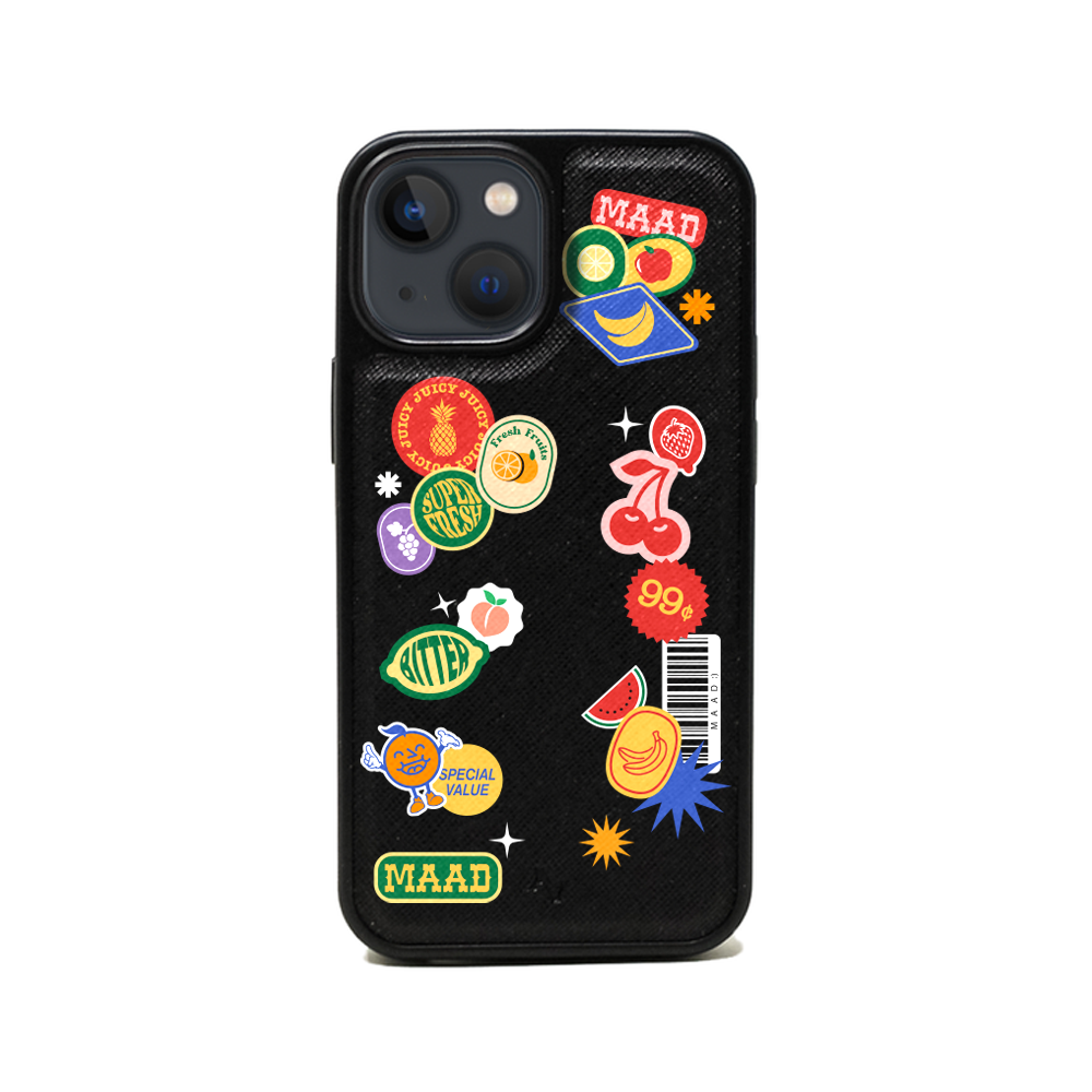 MAAD Fresh Black Leather Case for iPhone 13 Mini featuring a vibrant fruit sticker inspired print and soft rubber edges.