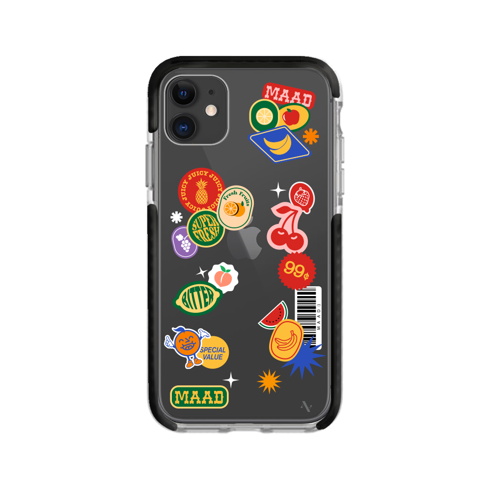 MAAD Fresh iPhone 11 Clear Case with vibrant fruit sticker design, showcasing slim and protective features.