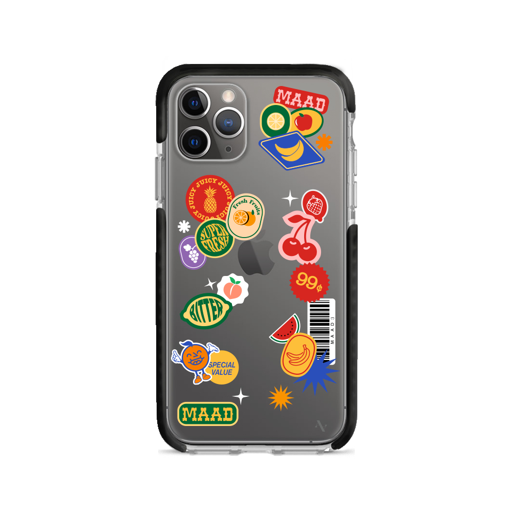 MAAD Fresh iPhone 11 Pro Clear Case with vibrant fruit sticker design, showcasing slim profile and protective features.