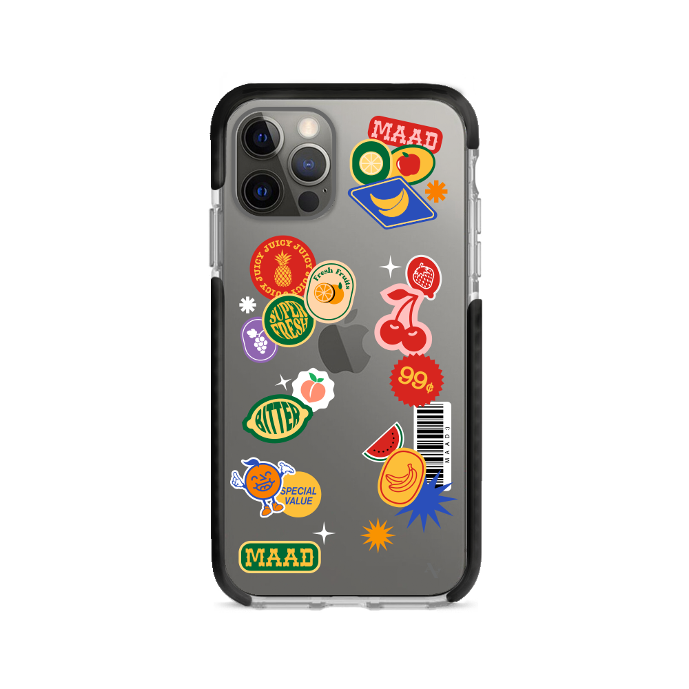 MAAD Fresh iPhone 12 Pro clear case with vibrant fruit sticker design, showcasing its slim and protective features.