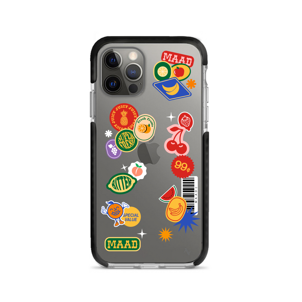 MAAD Fresh clear case for iPhone 12 Pro Max featuring a colorful fruit sticker design, showcasing its slim and protective features.