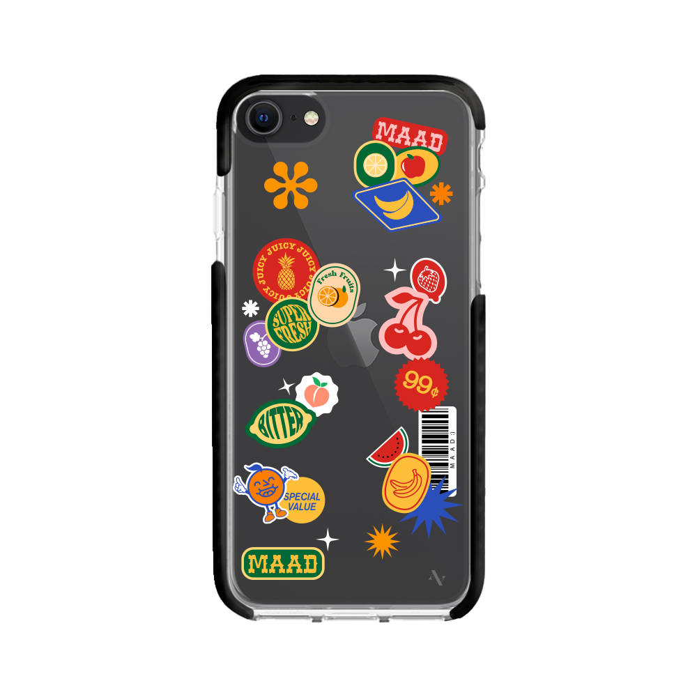 MAAD Fresh Clear Case for iPhone 7/8/SE featuring a colorful fruit sticker design, providing slim and protective coverage.