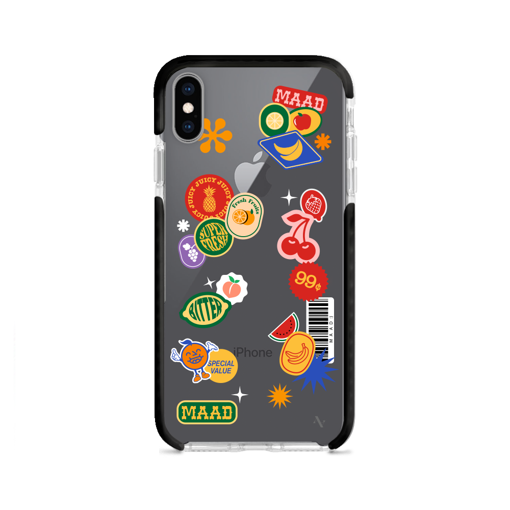 MAAD Fresh iPhone XS MAX clear case with vibrant fruit sticker design, showcasing its slim and protective features.