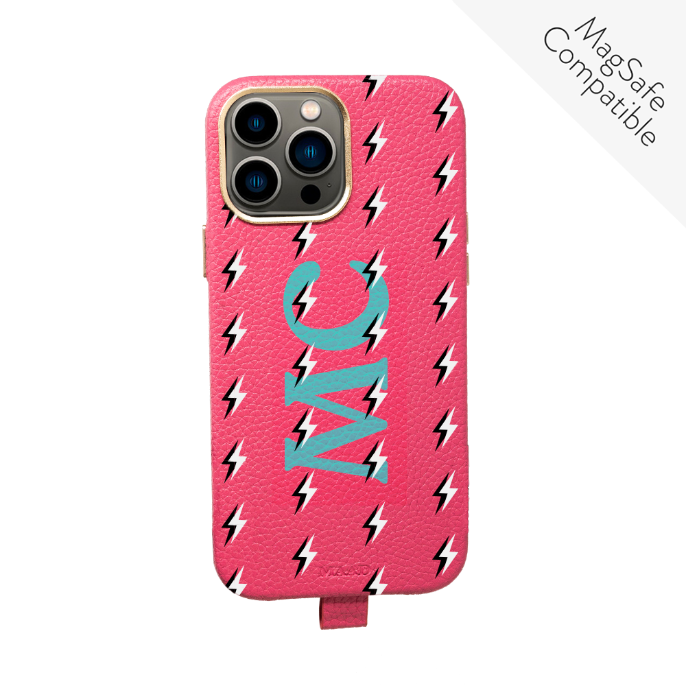 Electric Hot Pink vegan leather iPhone 13 Pro Max case with gold pleated edges, showcasing personalization options.