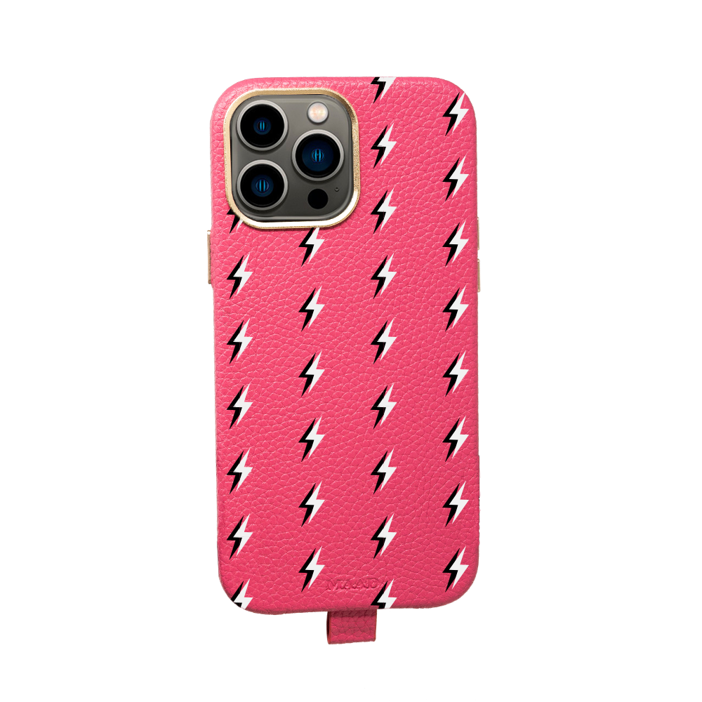 Electric Hot Pink vegan leather iPhone 13 Pro Max case with gold pleated edges, showcasing personalization options.