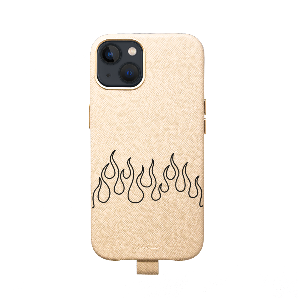 MAAD Full Wrapped Flames Beige iPhone 13 case made of vegan saffiano leather with gold pleated edges, showcasing a stylish and protective design.