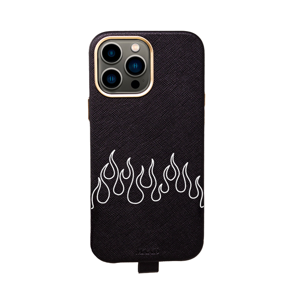 MAAD Full Wrapped Flames Black iPhone 13 Pro Max case made of vegan saffiano leather with gold pleated edges.