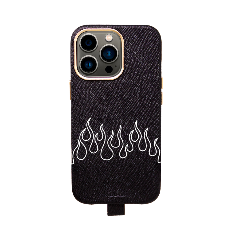 MAAD Full Wrapped Flames Black iPhone 13 Pro case made of vegan saffiano leather with gold pleated edges, showcasing its stylish design and camera protection.