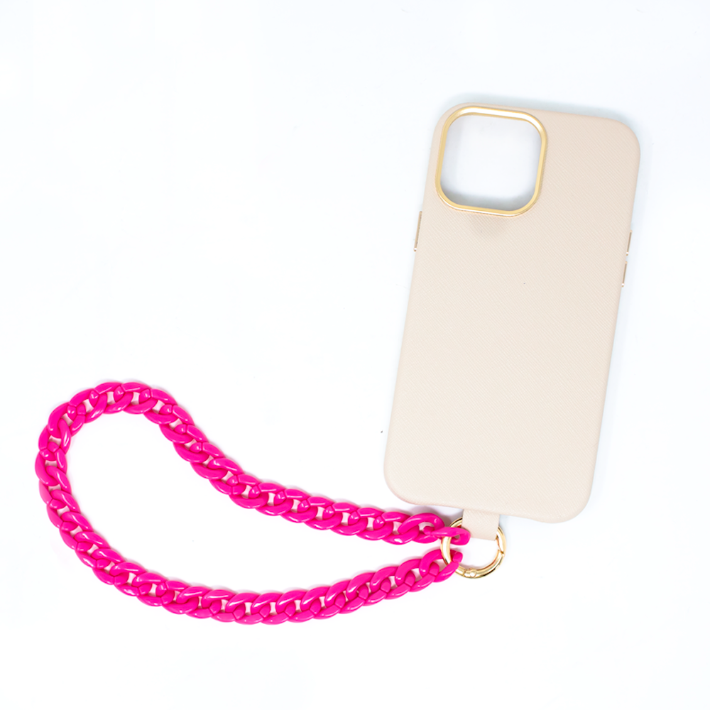 MAAD Full Wrapped Hot Pink and Beige Bundle for iPhone 13 Pro Max featuring a vegan leather case and chunky acrylic phone strap.