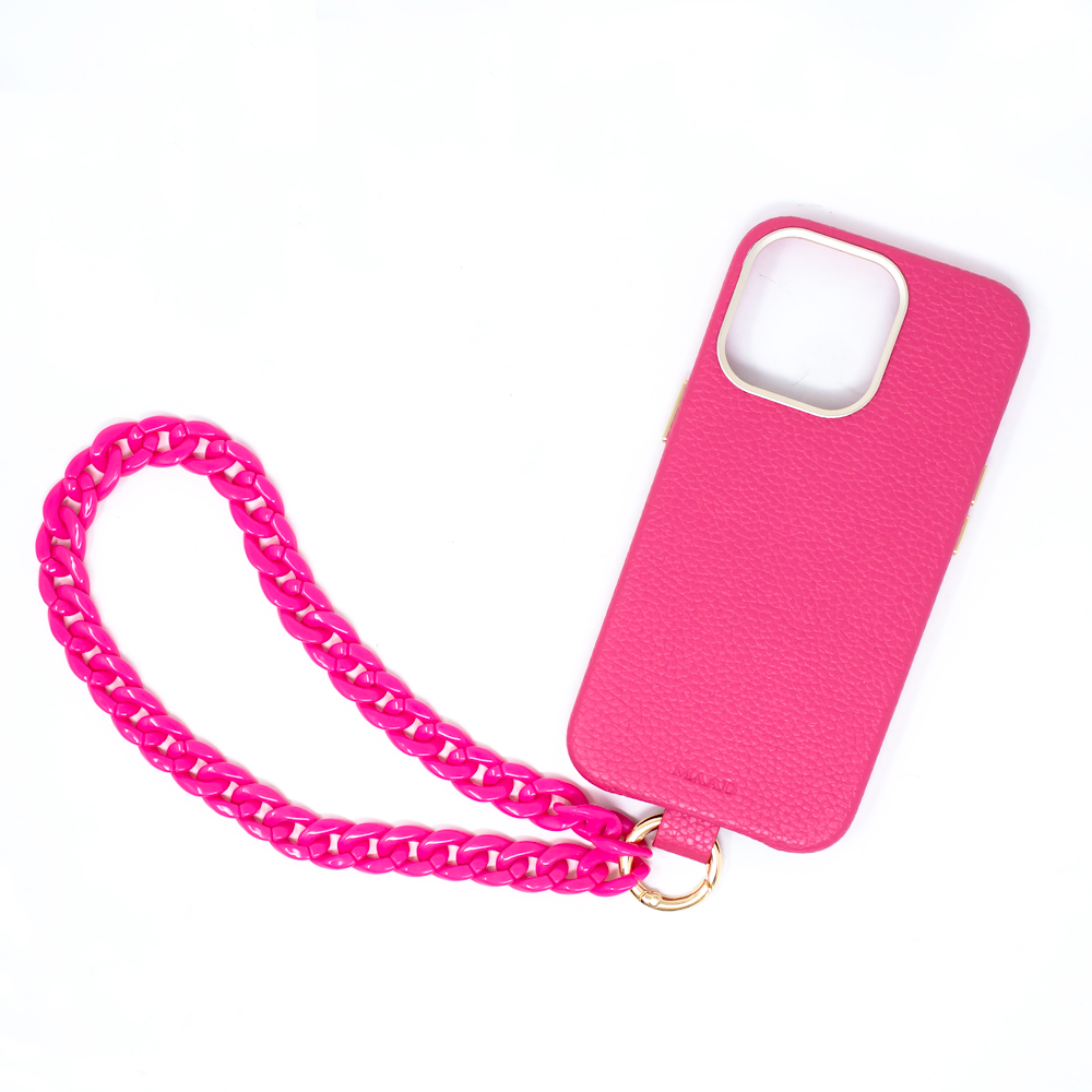 MAAD Full Wrapped Hot Pink Bundle for iPhone 13 Pro featuring a vegan leather case and chunky acrylic phone strap.