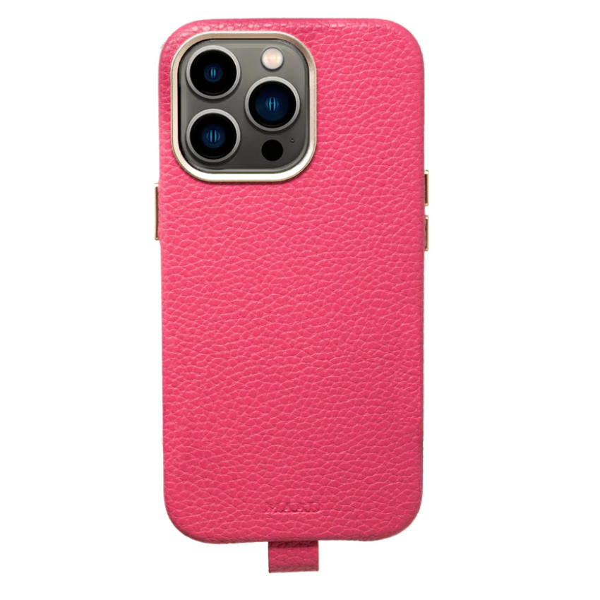 MAAD Full Wrapped Hot Pink Bundle for iPhone 13 Pro featuring a vegan leather case and chunky acrylic phone strap.