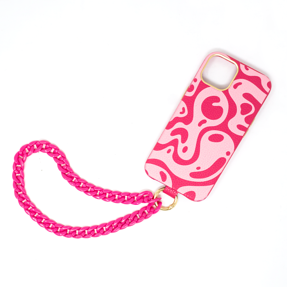 MAAD Full Wrapped Hot Pink Liquid Bundle 13 featuring a vegan leather phone case with gold edges and a chunky acrylic phone strap.