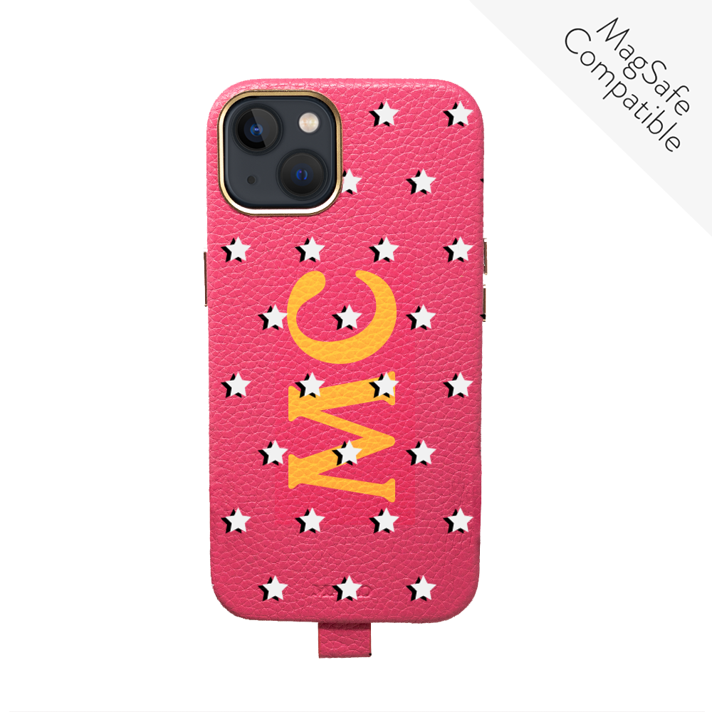 MAAD Full Wrapped Hot Pink Stars iPhone 13 case featuring vegan leather and gold pleated edges, personalized with monogram options.