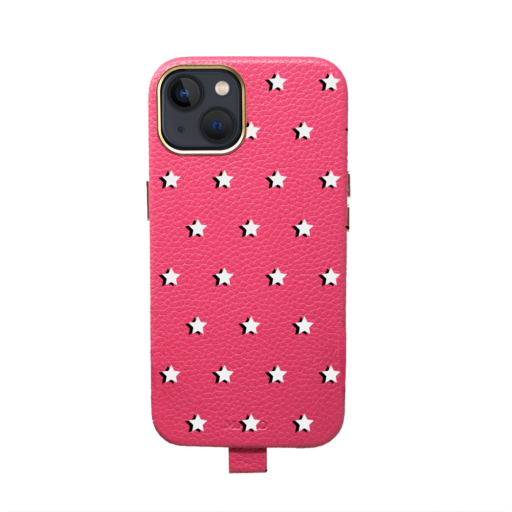 MAAD Full Wrapped Hot Pink Stars iPhone 13 case featuring vegan leather and gold pleated edges, personalized with monogram options.