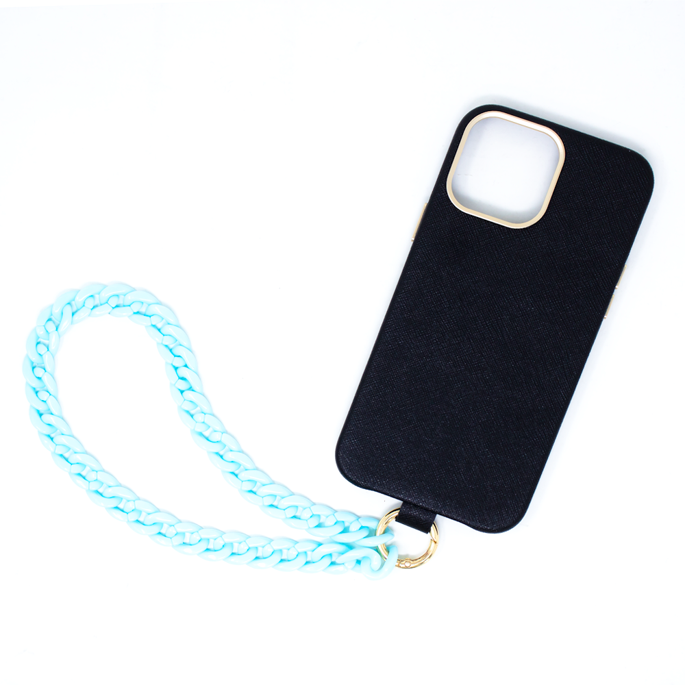 MAAD Full Wrapped Bundle featuring a light blue vegan leather case with gold pleated edges and a chunky black acrylic phone strap for iPhone 13 Pro Max.