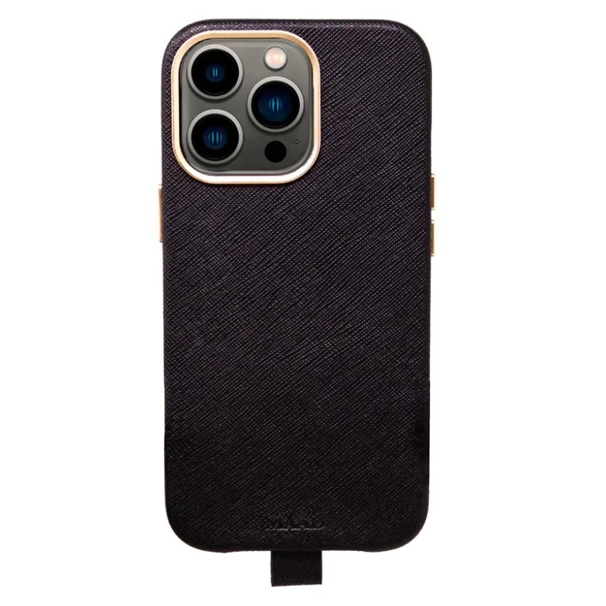 MAAD Full Wrapped Bundle featuring a light blue vegan leather case with gold pleated edges and a chunky black acrylic phone strap for iPhone 13 Pro.