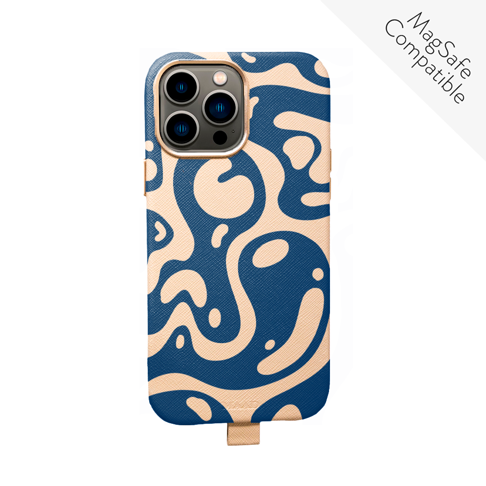 MAAD Full Wrapped Liquid Blue iPhone 13 Pro Max case made of vegan saffiano leather with gold pleated edges, showcasing personalization options.