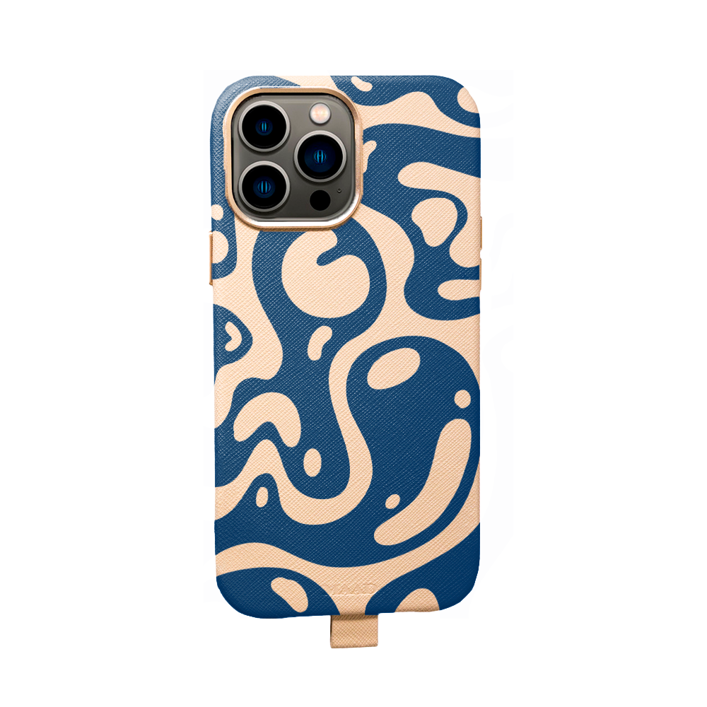 MAAD Full Wrapped Liquid Blue iPhone 13 Pro Max case made of vegan saffiano leather with gold pleated edges, showcasing personalization options.